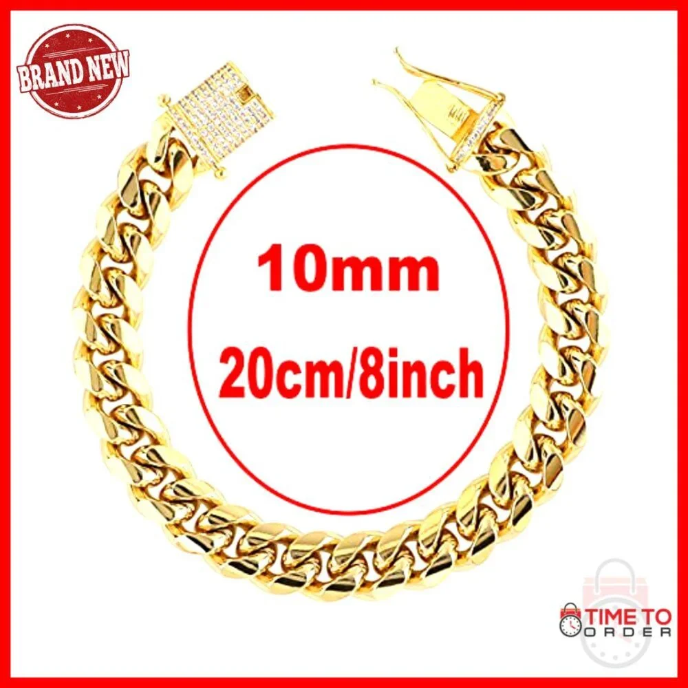 Men's 18K Gold Plated Cuban Link Chain Set 10mm Stainless Steel Necklace - Picture 3 of 6